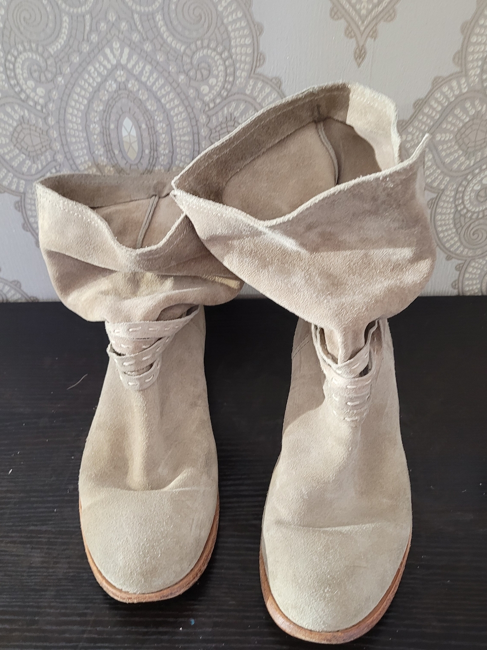 Frye Taupe Suede Ankle Booties with Wrapped Strap